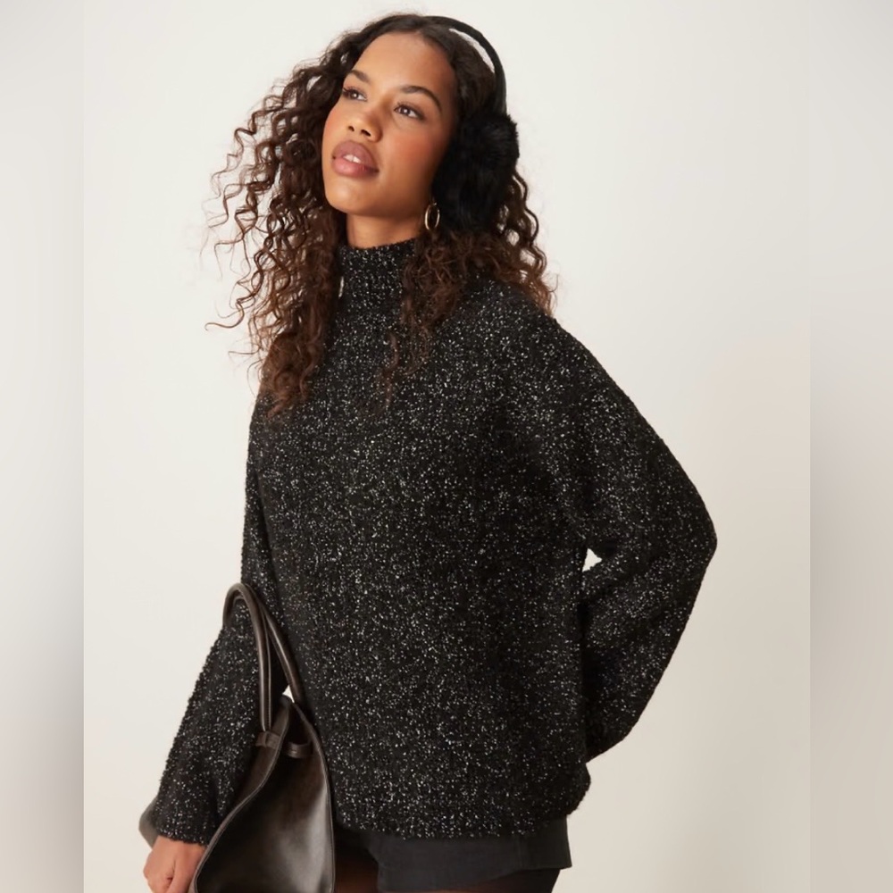 ASOS DESIGN Neppy High Neck Sweater Small Relaxed Fit Black Speckled Knit
